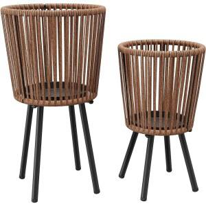 무고벨로 2 라탄 식물 스탠드 세트 보호 위커 화분 거실용 핸드웨븐 미드 센추리 홀더 침실 파티오