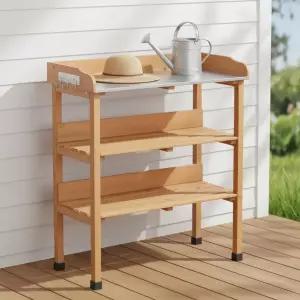 금속 상판이 있는 30인치 화분 테이블 후크가 3단 솔리드 우드 가든 작업대 파티오 차고 워크숍 브라운을