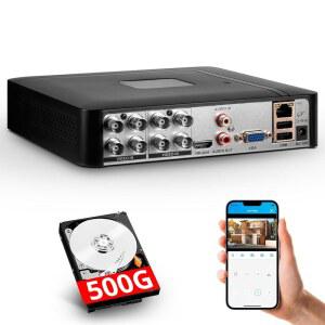 500G HDD가 장착된 8채널 DVR 레코더 감시 카메라용 8CH 하이브리드 6-in-1 CCTV 아날로그 카메라 지원 홈 시스템용 모바일 앱 PC 리모컨