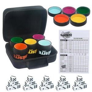 가죽 주사위 컵 세트 뚜껑포함 5개의 컵과 여행용 야치 게임 파클 클래식 리어 주사위(혼합 A) 아크릴 전용 보관 운반 케이스가 포함된 조용한 쉐이커