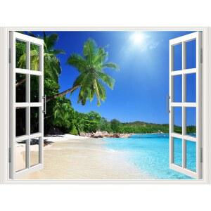 THNWSY 셀프 접착 벽 스티커 로맨틱 거실 침실 공부 사무실 장식 바다 풍경 가짜 창문 벽화 (36