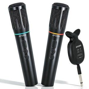노래방 노래 음성 DJ 24시간 배터리 200피트 RGB 라이트 마이크 /Aux /USB 포트용 AFUOO 충전식 무선마이크 블루투스 듀얼 수신기(듀얼 블랙)