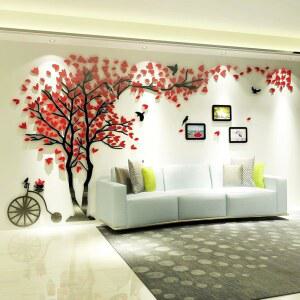 아크릴 3D 트리 벽 스티커 벽장식 설치 적용하기 쉬운 DIY 장식 홈 아트 데코. 은색 잎이 있는 (빨간색 158 * 79인치)