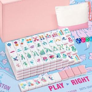 소울첸 1.2인치 아메리칸 마작 타일 세트 소음감소 매트 168개 아크릴 각인 게임 휴대용 보관 가방과 주사위 4개 (핑크색)