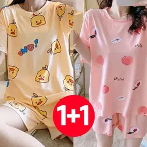 오리 여름 반팔 세트 잠옷 2개 반바지 여성 복숭아