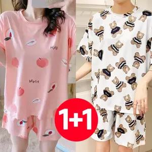 2개 세트 복숭아 크림곰 여성 반바지 여름 잠옷 반팔