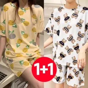 반팔 파인애플크림곰 반바지 세트 여름 잠옷 2개 여성