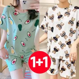 여성 2개 반팔 반바지 잠옷 세트 여름 베어카도크림곰