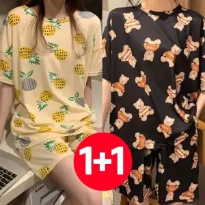 잠옷 세트 2개 여름 파인애플블랙곰 반팔 여성 반바지