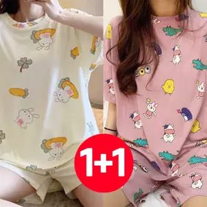 2개 잠옷 토끼 여성 반바지 세트 인디핑크 여름 반팔