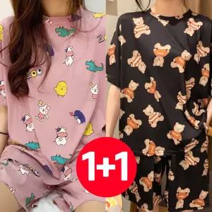 세트 블랙곰인디핑크 잠옷 반팔 2개 여름 여성 반바지