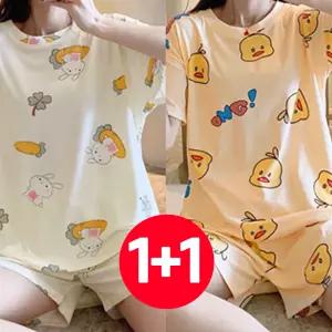 오리 반팔 여름 여성 잠옷 세트 토끼 2개 반바지