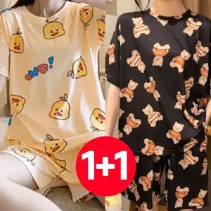 2개 세트 여성 잠옷 오리 여름 반팔 블랙베어 반바지