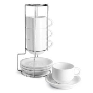 스웨이지 도자기 에스프레소 컵 세트 4온스 스태커블 컵과 접시 금속 스탠드 4개 흰색