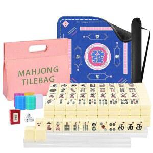 아메리칸 마작 타일 세트 166개의 흰색 화이트 게임과 소음감소 매트 보관가방 4개의 랙 점수 매기기 플라스틱 코인 주사위 휴대용 여행 게임 성인 초보자용