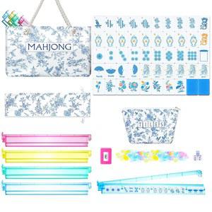 세나 아메리칸 마작 세트 160개 완비 타일 / 푸셔 휴대용 가방 주사위 칩 1.2인치 그린 백 멜라민 성인 마작을 위한 손 조각 패턴 초보자(스타일리스트)