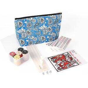 젤브릴락 미니 마작 여행 세트 166개의 흰색 타일이 있는 아메리칸 트래블 게임(0.8인치) 4개의 랙 규칙 칩 주사위 파란색 프린트 백이 포함된 완벽한 휴대용