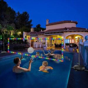 스코어보드가 있는 오스웨폰 프로페셔널 풀 배구 네트 그물망 조절가능 폭(15-32피트) 세트 워터 베이스가 휴대용 다용도 테니스 배드민턴 21피트 LED 조명 실내 실외기