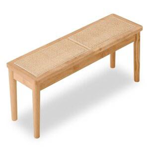 히메누코 40인치 나무 다이닝 벤치(핸드메이드 라탄 시트 포함) 현관 거실 주방 침실 자연 목재 18인치
