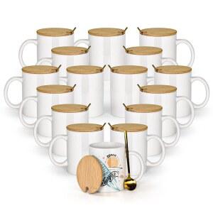AGH 16pcs 11온스 승화 머그잔 블랭크 흰색 화이트 커피 세라믹 벌크 대나무 뚜껑포함 승화용 일반 수프 차 우유 라떼용 스테인리스 스틸 스푼