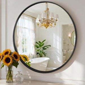 올릭스 블랙 원형 욕실 거울 침실 거실 현관용 30인치 금속 프레임 배니티 벽 장착
