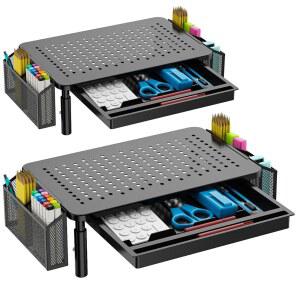 WALI 듀얼 모니터 스탠드(스토리지 포함) 서랍 펜 홀더 포함 책상 정리함 라이저 3 높이 조절가능 컴퓨터 노트북 프린터용 라이저(STT003DH-2B) 2팩 블랙