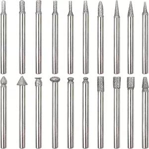 다이아몬드 버 비트 세트 돌 유리 나무 조각 연마 액세서리용 1/8인치 섕크 로터리 20개