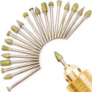 로터리 다이아몬드 연삭 버 비트 세트 20개의 돌 조각 도구 액세서리와 1/8인치 생크가 포함된 옥 보석