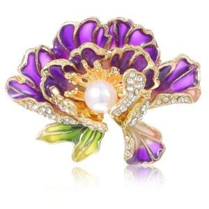퍼플 브로치, 모란 진주 여성용 라인스톤 결혼식, 파티, 무도회 드레스 및 코트용 절묘한 브로치