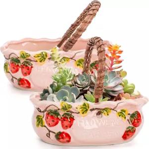 조굿 2팩 세라믹 다육 화분 손잡이 배수 구멍이 있는 7인치 얕은 분재 선인장 나무용 꽃통 그릇 실내 야외