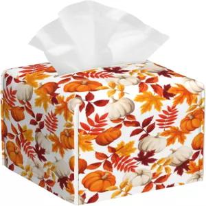 포이블 가죽 티슈 박스 홀더 가을 호박과 잎 커버 추수감사절 사각 방수 정리함 침실 서랍용 모던 냅킨