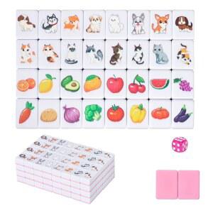 그라시아스 4인용 마작 블록 세트 동물 음식 패턴이 있는 핑크 분홍색 타일 128개(1.18 u201D) 휴대용 캐리백이 게임