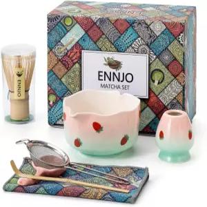 ENNJO 7개 말차 거품기 세트 스파우트 홀더 앤 레스트가 포함된 하트 모양 그릇 대나무 및 스쿱 스테인리스