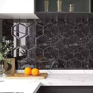월더풀 블랙 헥사곤 필 앤 스틱 백스플래시 마블 타일 스티커 렌터 친화적 방수 벽 허니콤 주방 욕실 샤워