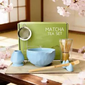 말차 세트 ？ 세라믹 볼 대나무 거품기 홀더가 포함된 일본 다도 키트 초보자를 위한 스타터 7피스 (파란색)