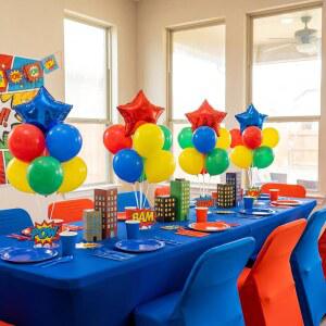 세나 4, 12인치 레드 블루 옐로우 그린 풍선이 장착된 히어로 테이블탑 풍선 스탠드 키트, 생일 카니발 파티용 기둥 중앙 조각 완성, 다채로운 코믹 스타일 테이블 장식