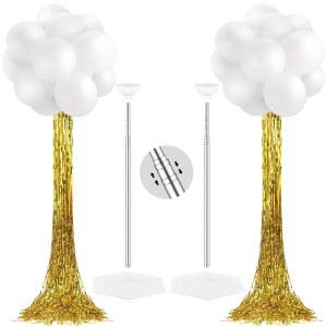 게조이 2, 2026년 졸업식 생일 파티 장식용 흰색 풍선 기둥 스탠드 키트 50개 포함 조절식 타워 베이스 2개 골드 포일 프린지 배경 커튼