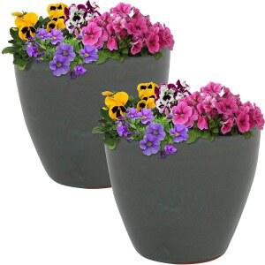 써니데이즈 리조트 원형 세라믹 화분 - 배수구가 있는 실내 또는 실외 2개 세트 8인치 회색 유약