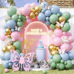 핑크와 그린 풍선 아치 갈랜드 키트, 세이지 그린과 파스텔 핑크 블루 메탈릭 골드 풍선, 여자 샤워를 위한 우드랜드 꽃 원더랜드 봄 정원 티 생일 파티 장식