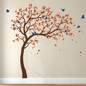 큰 나무 벽장식 새 벽아트 벽화 비닐 장식 KW032 (오른쪽 갈색 연한 주황색 짙은 빨간색 파란색)