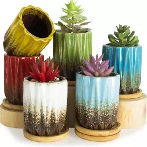 아르케티 다육 화분 - 배수 트레이 6개 세트가 있는 3.15인치 소형 식물 실내 식물용 세라믹 유약 선인장