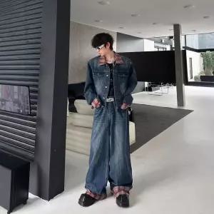 데님 빈티지 배색 커플 체크 레귤러핏 터틀넥 여자정장세트 루즈핏 세트 코트 원템1