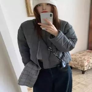여친 빈티지 점퍼 라운드 싱글 지퍼 기모 체크 패딩 숏 코트 OP1