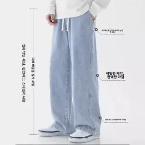 레트로 라이트 블루 남성 캐주얼 와이드 레그 진 빈티지 아메리칸 하이 스트리트 스타일 루즈 스트레이트