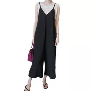 여친 바지 팬츠 검정 캐주얼 빅사이즈 투인원 브이넥 멜빵 와이드 슬림핏 쉬폰 9부 원픽1