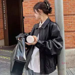 여자 가을 오버핏 레더자켓 집업 카라 페이크 가죽점퍼fgh957