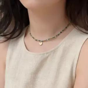 아벤츄린 원석 그린 비즈 쇼트 초커 골드 메달 슬림 목걸이