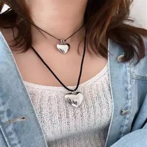 빅 통통 하트 펜던트 줄 목걸이 3type 블랙 롱 스트랩 끈 길이조절 초커 볼드 볼체인