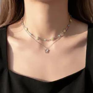 2set 파스텔 플라워 데이지 레이어드 목걸이 세트 비즈 초커 나비 펜던트 두 줄 체인