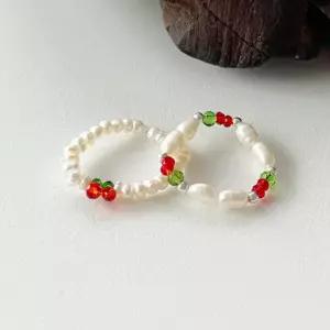 앵두 비즈 담수진주 밴딩 반지 실버925 은볼 레드 앵두